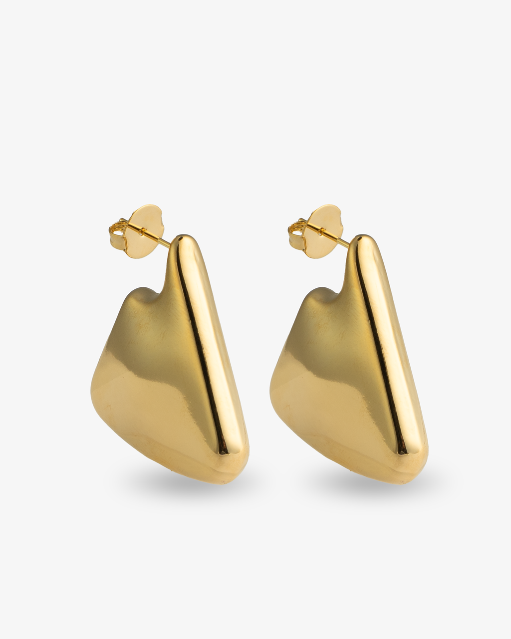 Chunky geometric gold drop earrings angled side view with post back
