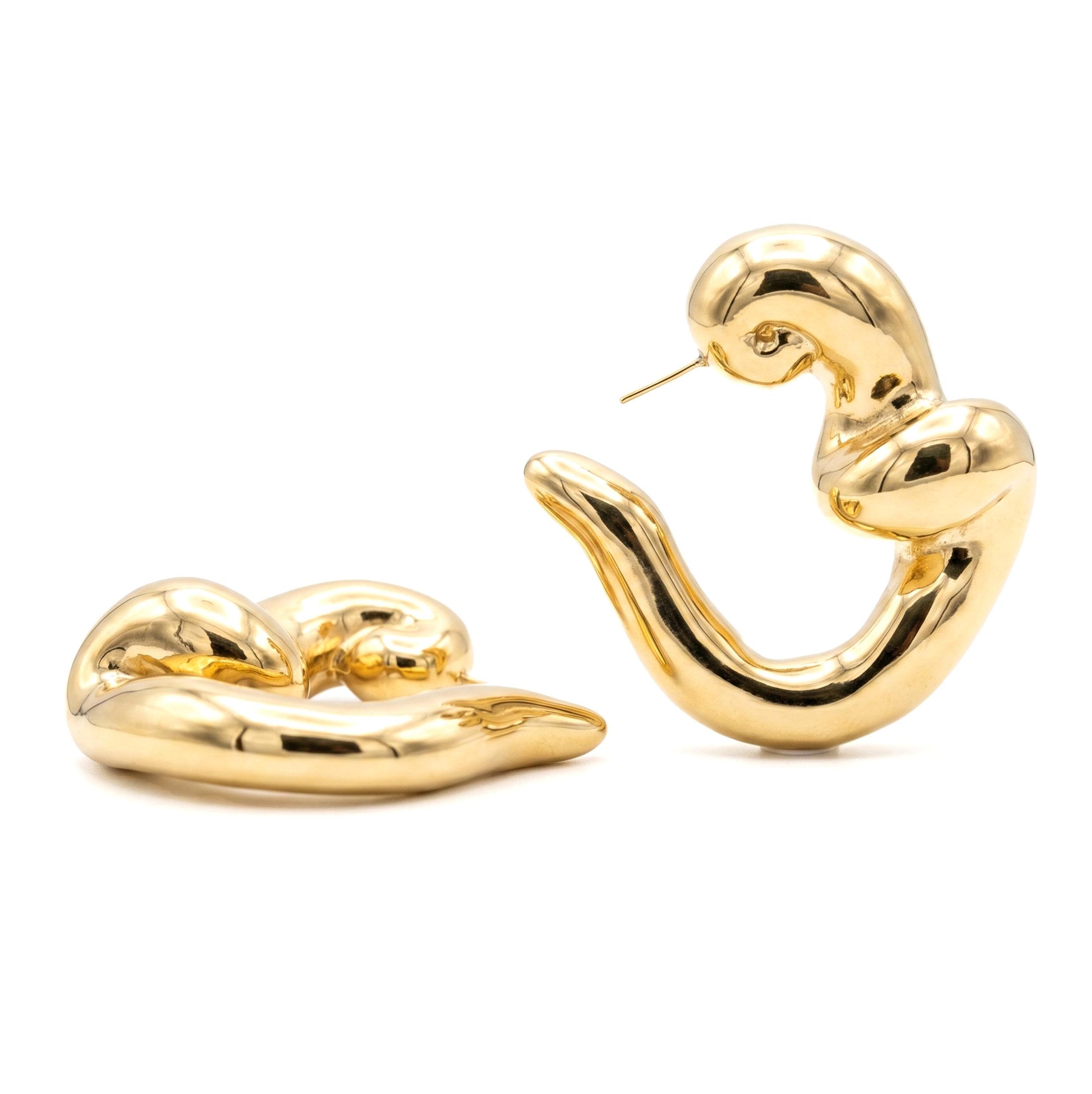 Gold plated sculptural hoop earrings with intertwined fluid design and polished finish, 57mm by 51mm