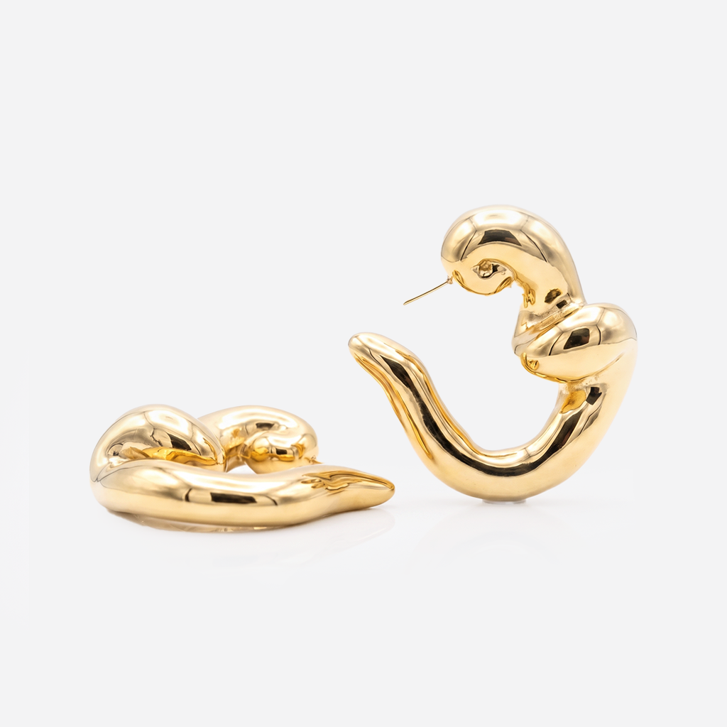 Gold plated sculptural hoop earrings with intertwined fluid design and polished finish, 57mm by 51mm