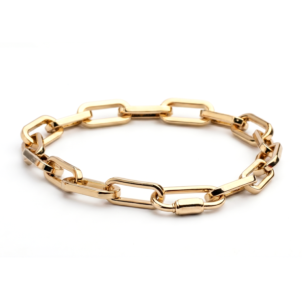Gold plated chain link necklace with elongated links and adjustable length up to 22 inches