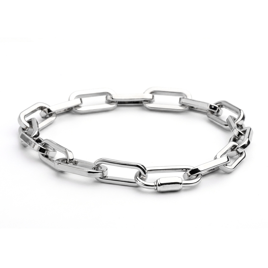 Rhodium plated chain link necklace with elongated links and adjustable length up to 22 inches