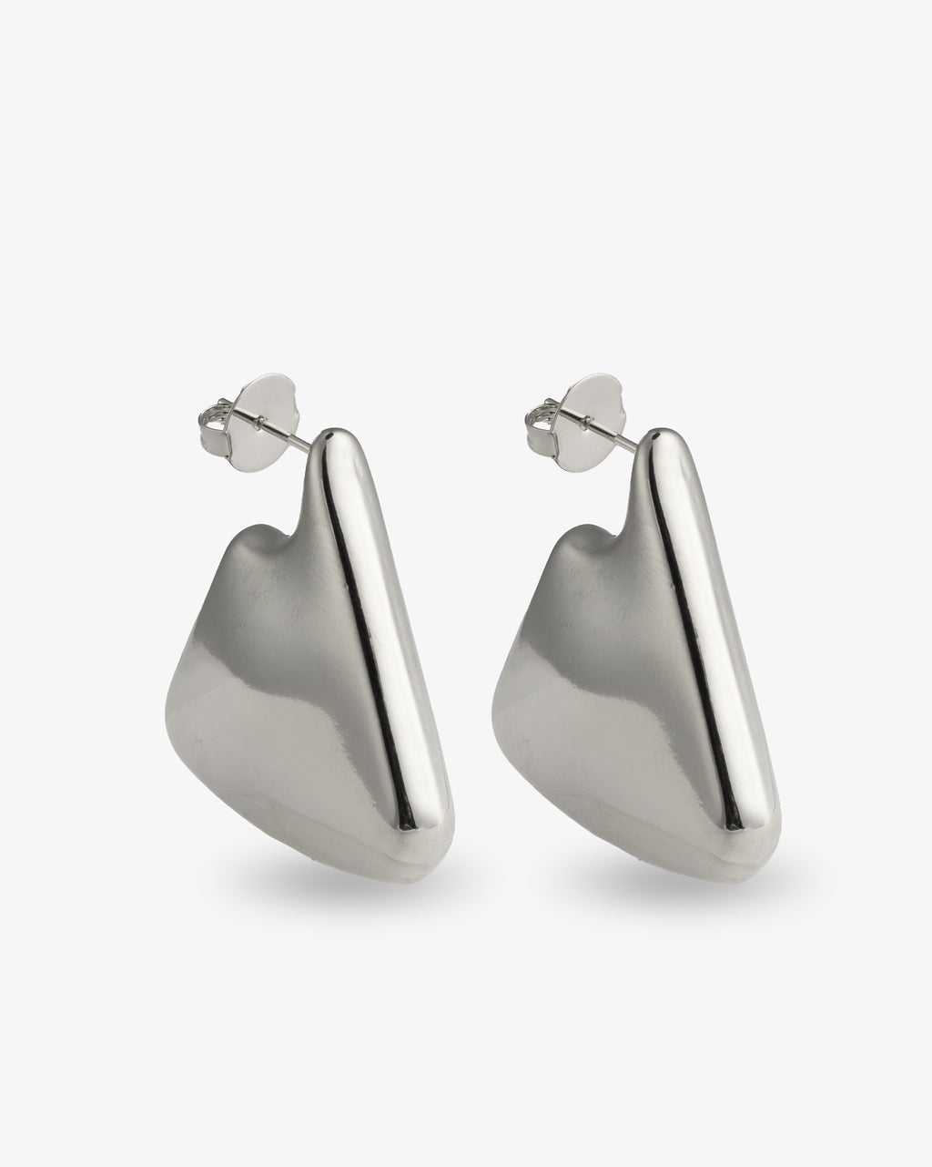 Silver chunky geometric triangular drop earrings, alone product shot of the pair on a plain background.