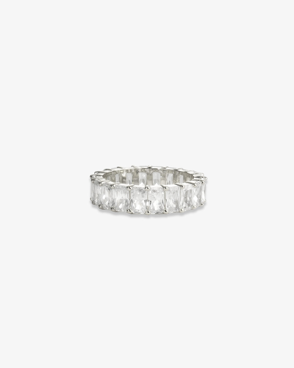 Silver baguette simulated diamond eternity ring, alone product shot on a plain background.