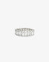 Silver baguette simulated diamond eternity ring, alone product shot on a plain background.