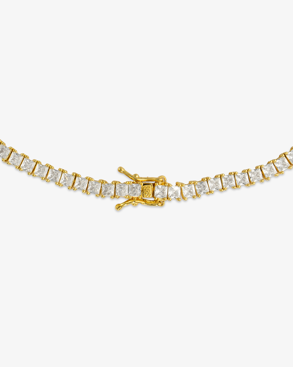 Gold square simulated diamond tennis necklace, alone close-up product shot of the clasp.