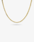 Gold three-prong tennis necklace with simulated diamond stones, alone product shot on a plain background.