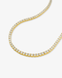 Gold round simulated diamond tennis necklace, alone product shot from a curved angle.
