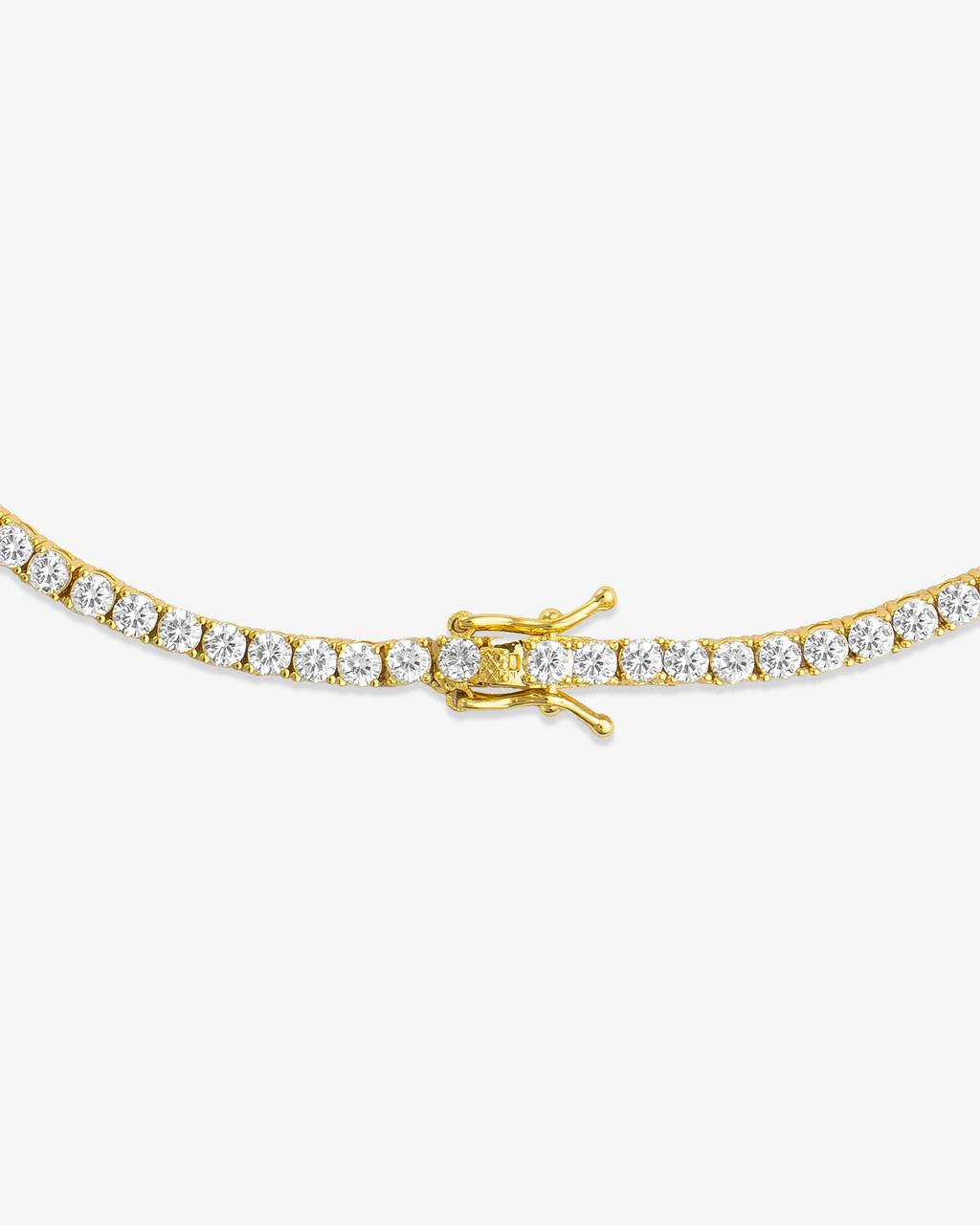 Gold round simulated diamond tennis necklace, alone close-up product shot of the clasp.