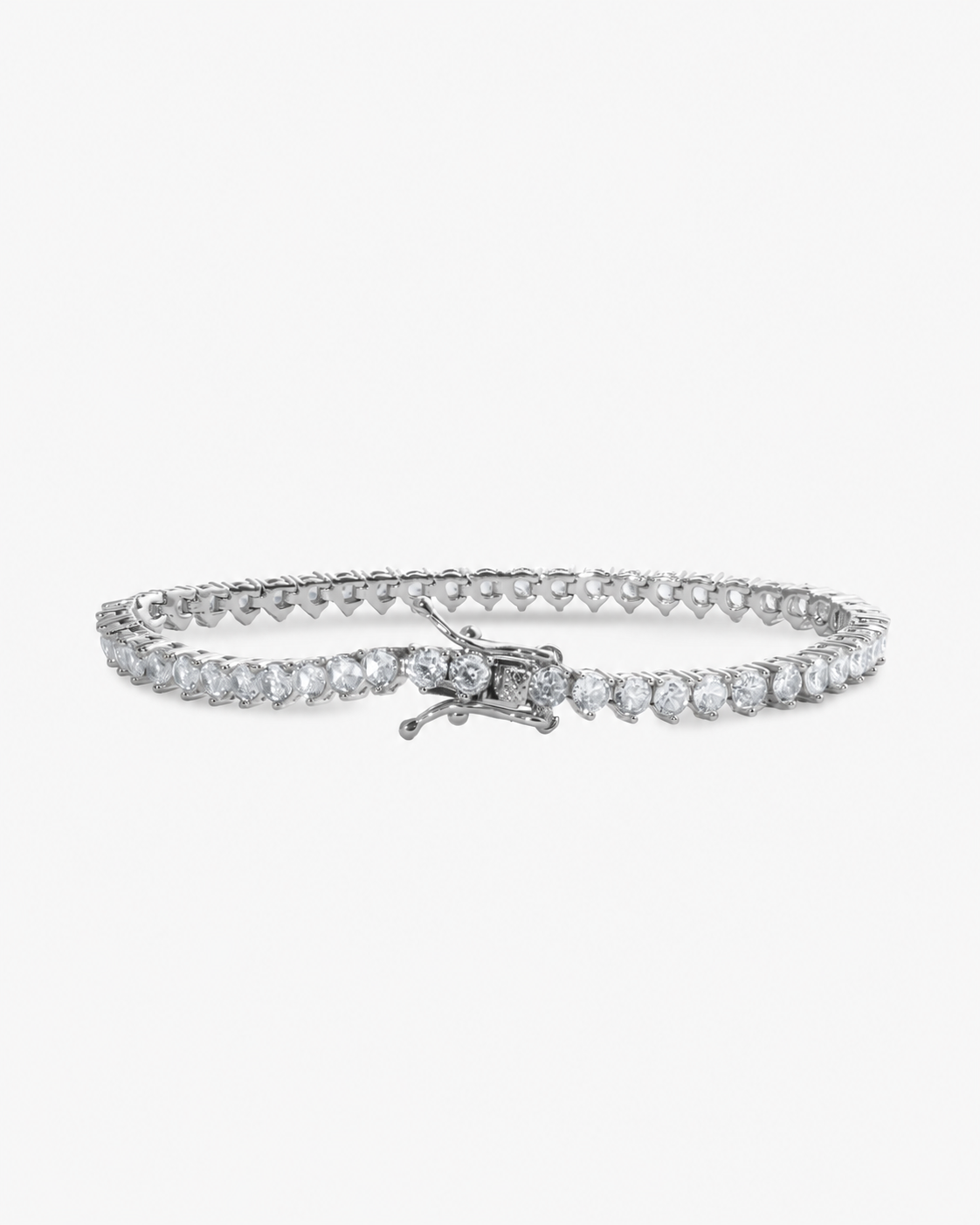 Silver three-prong simulated diamond tennis bracelet, alone product shot from a different angle.