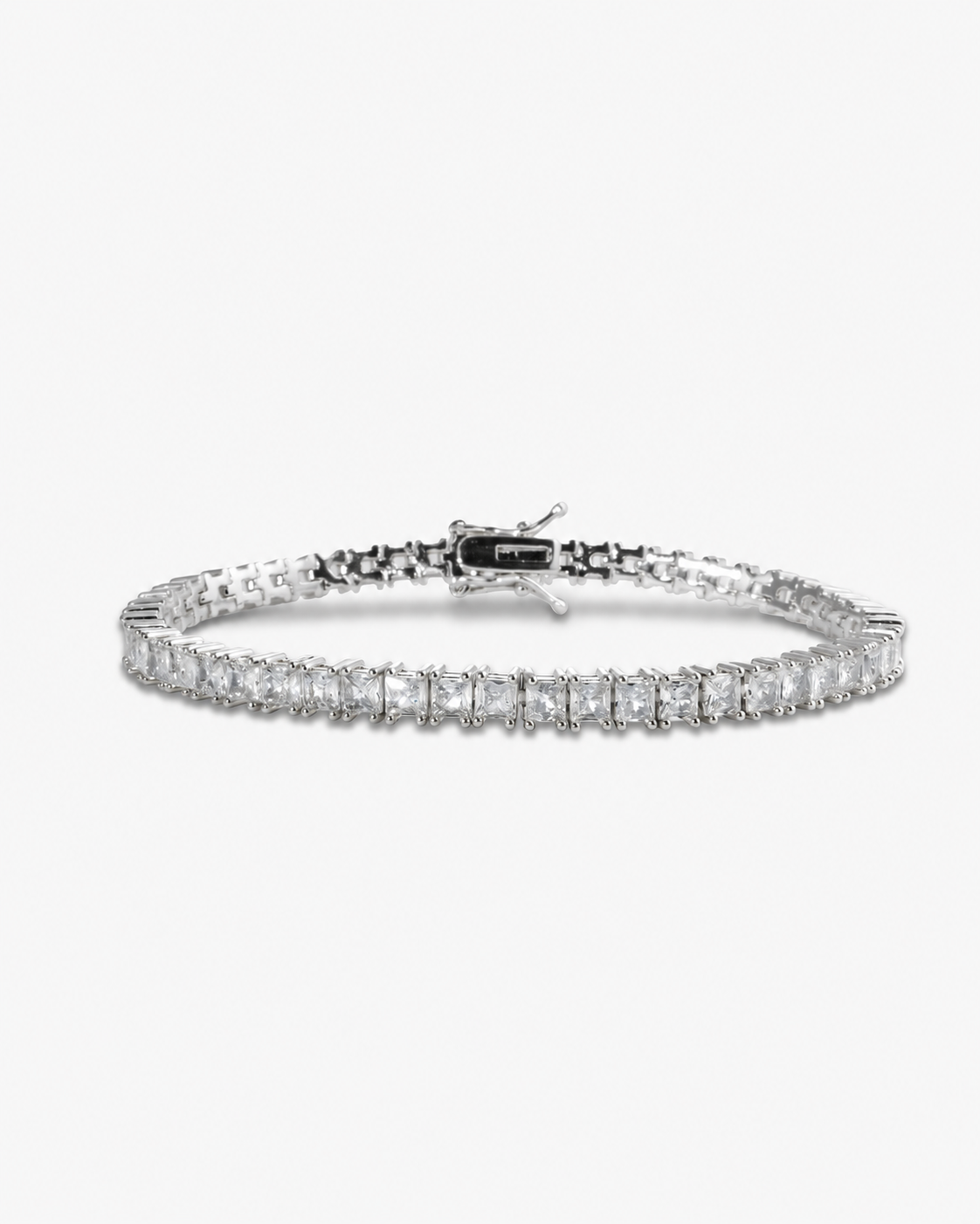 Silver square-cut simulated diamond tennis bracelet, alone product shot on a plain background.