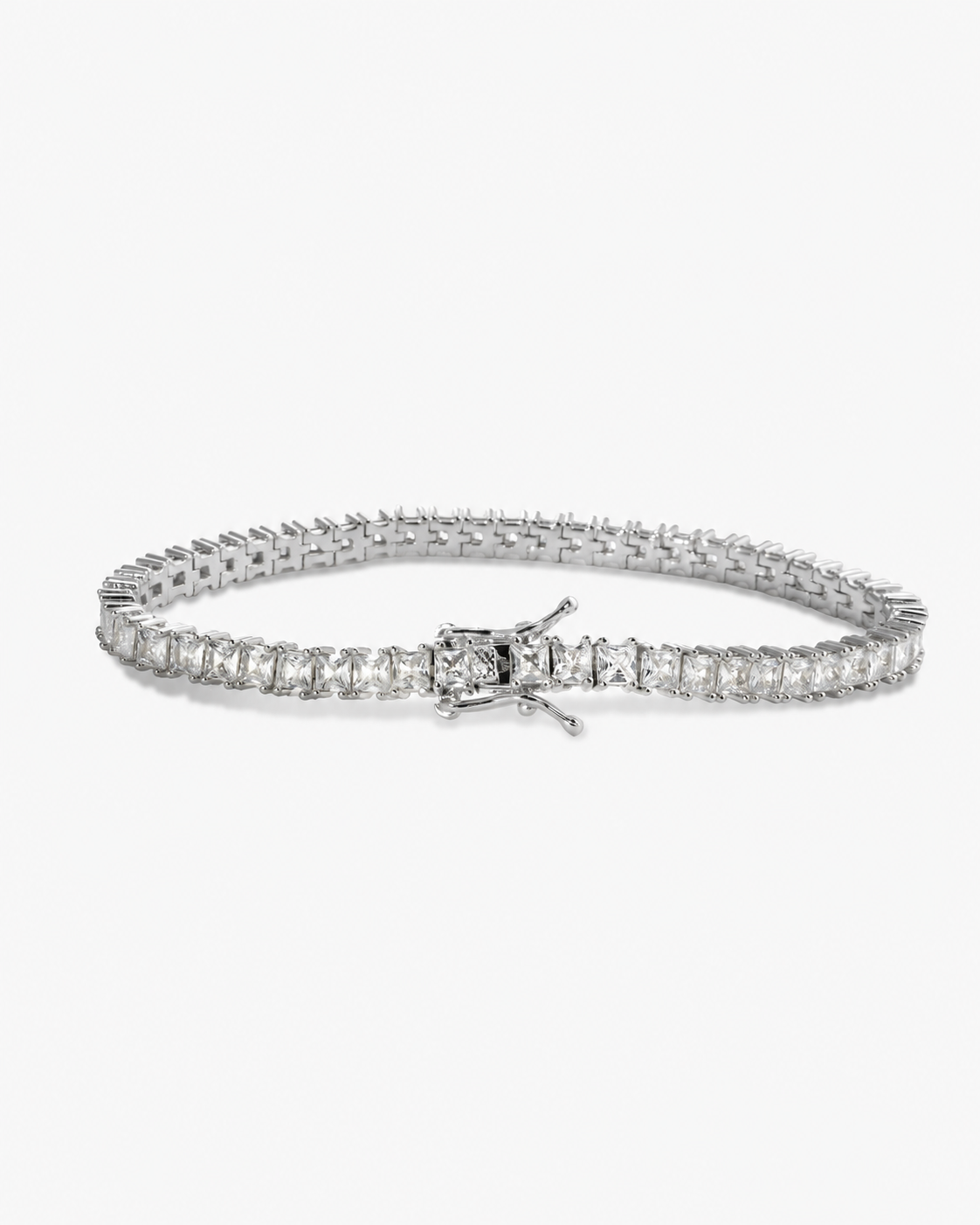 Silver square-cut simulated diamond tennis bracelet, alone product shot from a different angle.