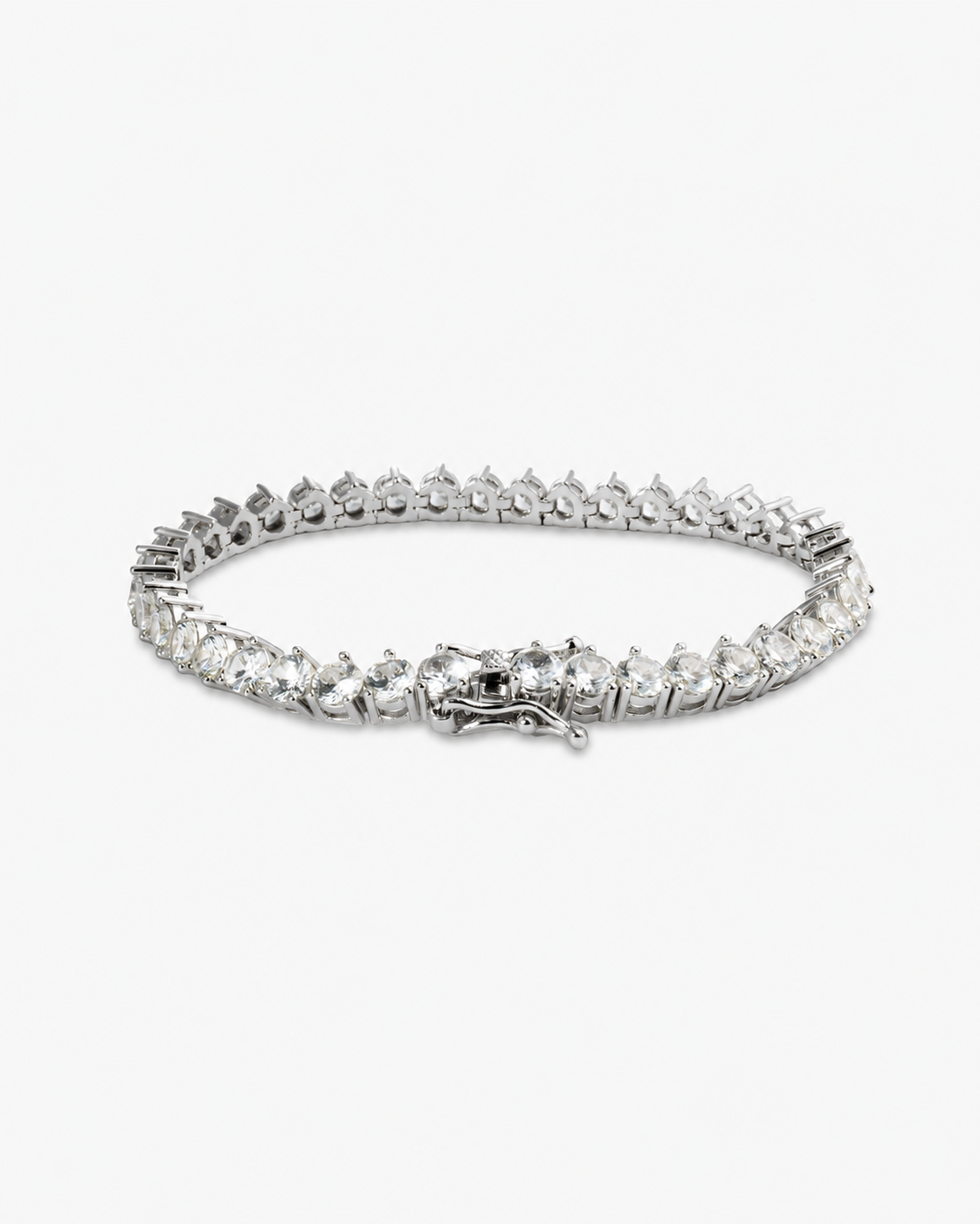 Silver round simulated diamond tennis bracelet, alone product shot from a different angle.