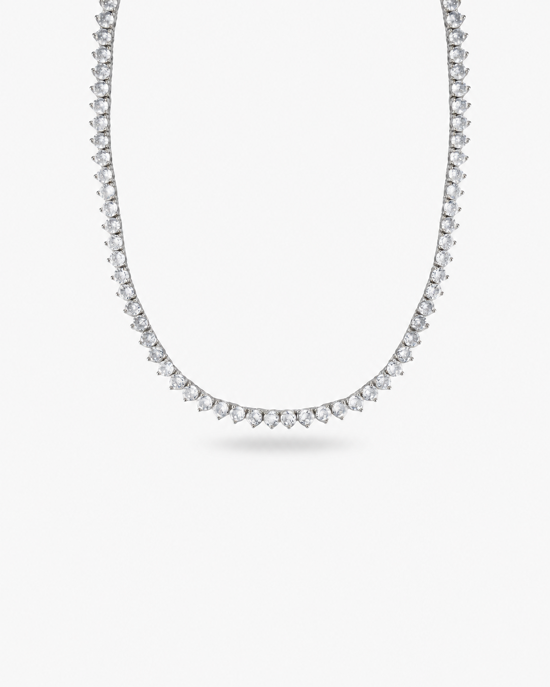 Silver round simulated diamond tennis necklace, alone product shot on a plain background.