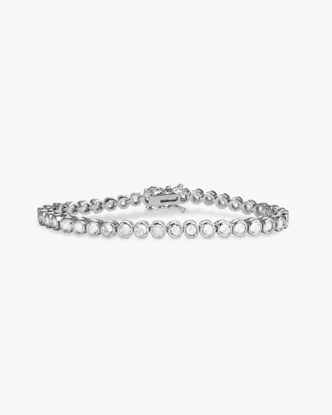 Silver round bezel-set simulated diamond tennis bracelet, alone product shot on a plain background.