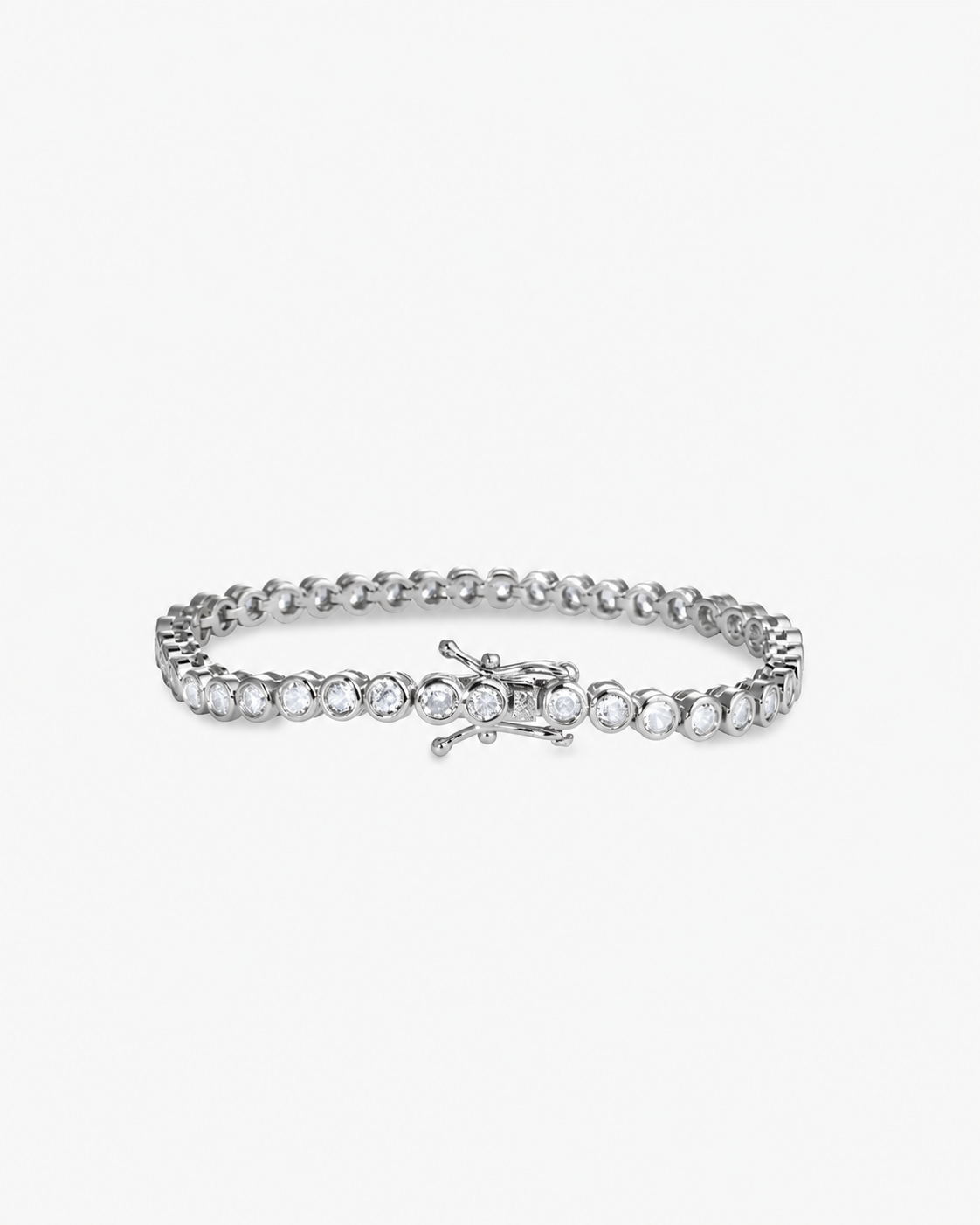 Silver round bezel-set simulated diamond tennis bracelet, alone product shot from a different angle.