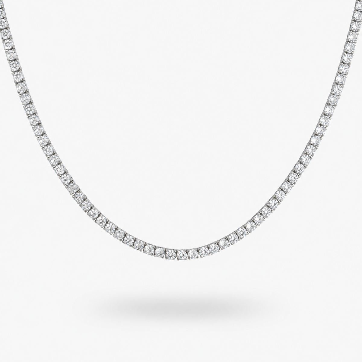 Silver round simulated diamond tennis necklace, alone product shot on a plain background.