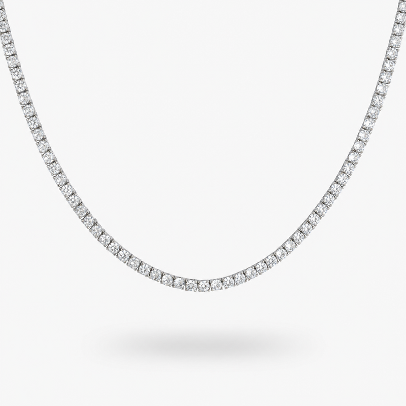Silver round simulated diamond tennis necklace, alone product shot on a plain background.