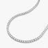 Silver round simulated diamond tennis necklace, alone product shot from a curved angle.