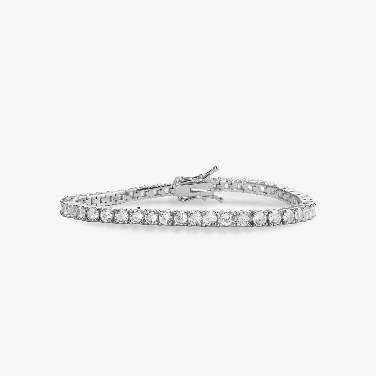 Silver round simulated diamond tennis bracelet, alone product shot on a plain background.