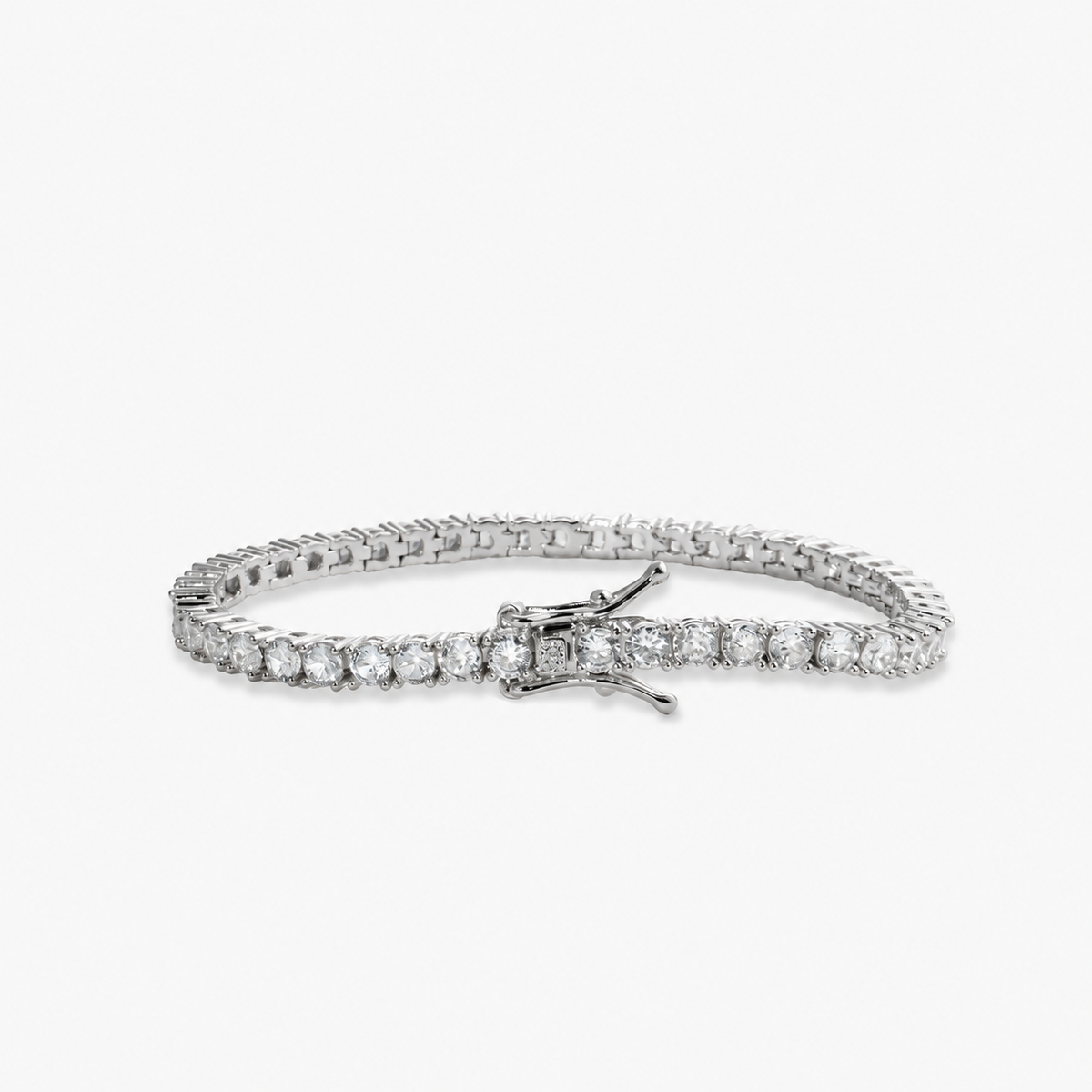 Silver round simulated diamond tennis bracelet, alone product shot from a different angle.