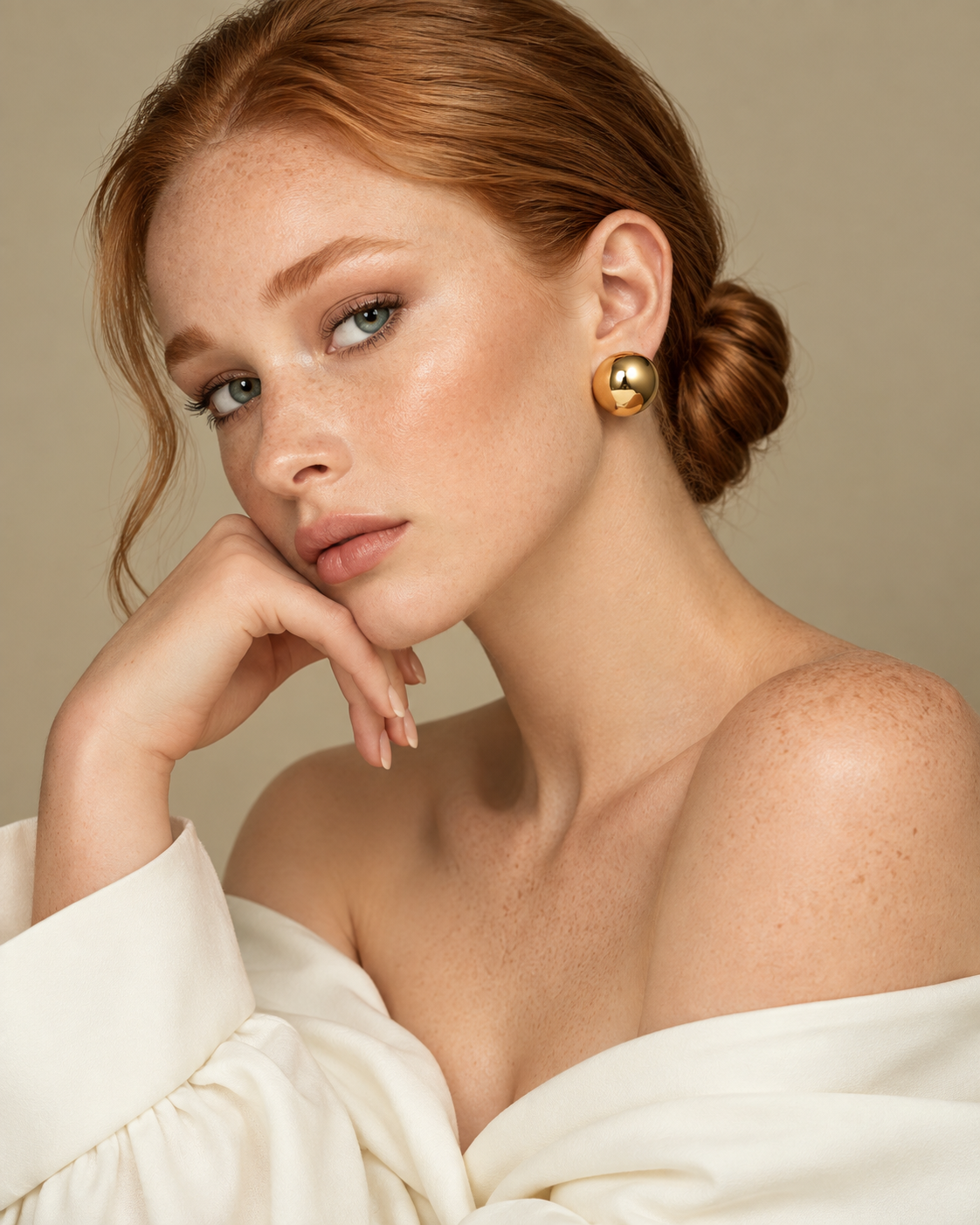 Lifestyle photo of a redheaded woman with her hand near her chin, wearing the gold round stud earrings.