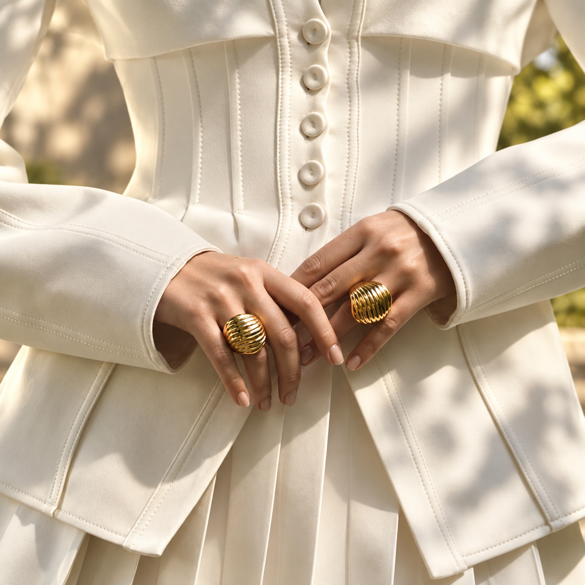 Close-up of a hand resting on a cream blazer with pearl buttons, wearing the Jane gold ribbed dome ring