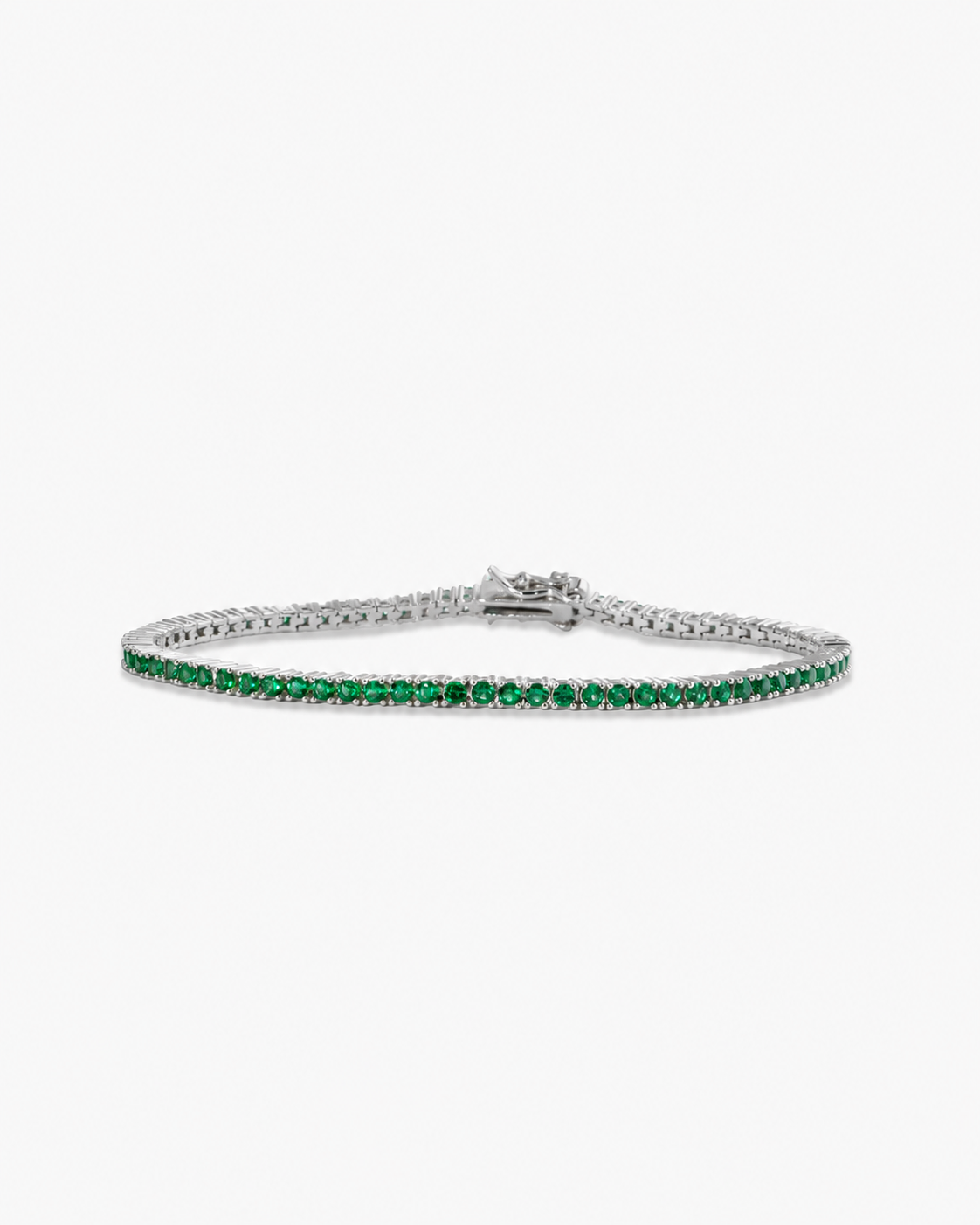 Silver tennis bracelet with multicolor simulated diamond stones, alone product shot on a plain background.