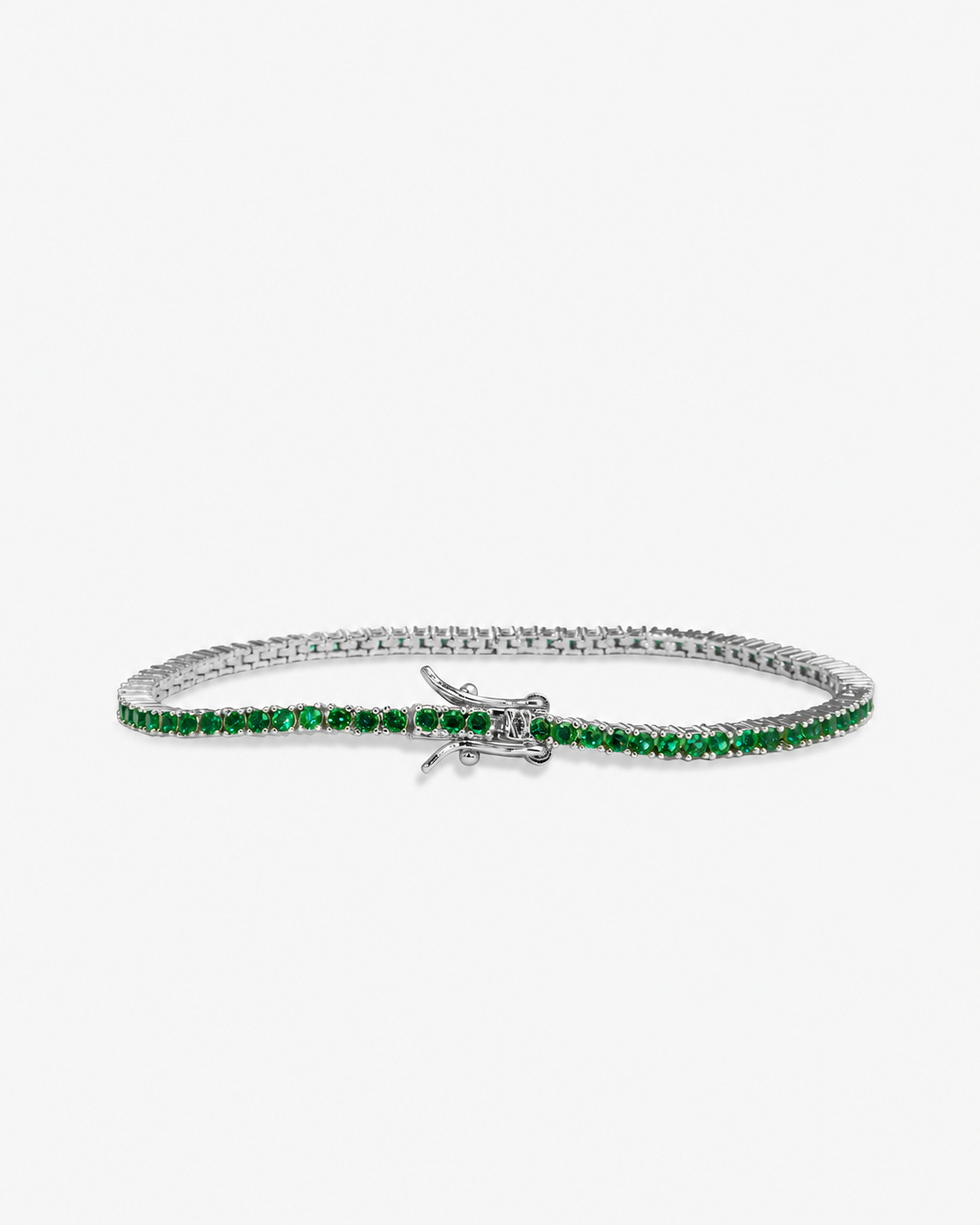 Silver tennis bracelet with multicolor simulated diamond stones, alone product shot from a different angle.