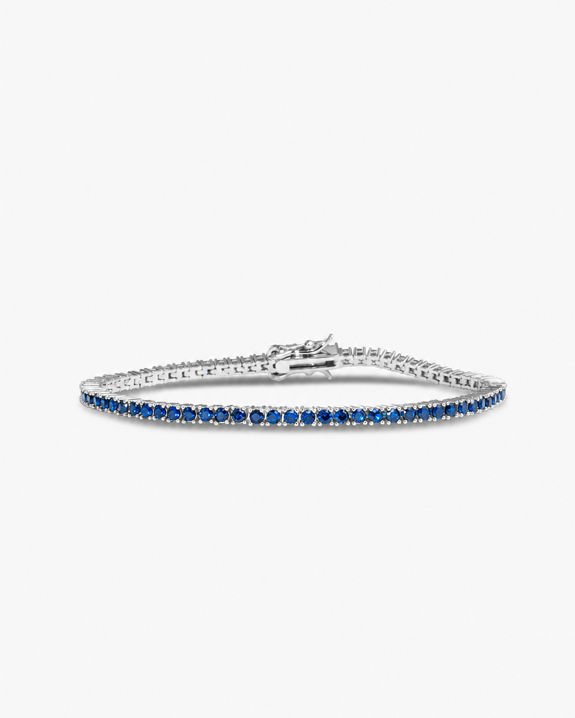 Silver tennis bracelet with multicolor simulated diamond stones, alone product shot from a different angle.