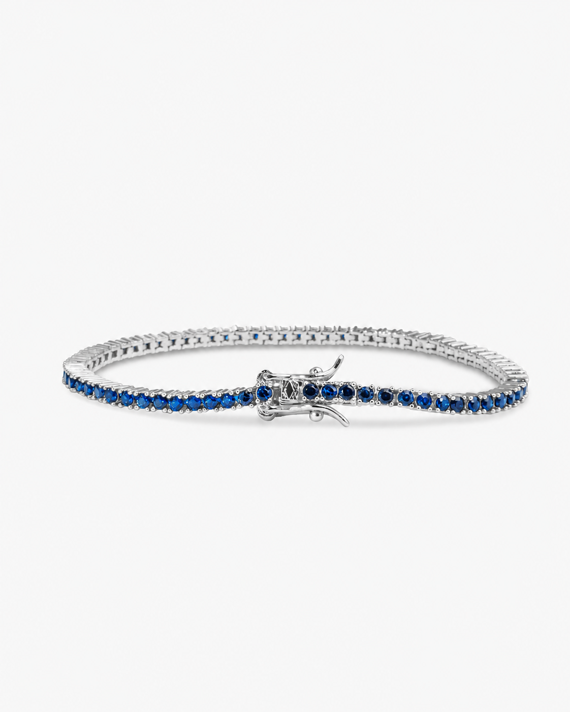 Silver tennis bracelet with multicolor simulated diamond stones, alone product shot from a different angle.