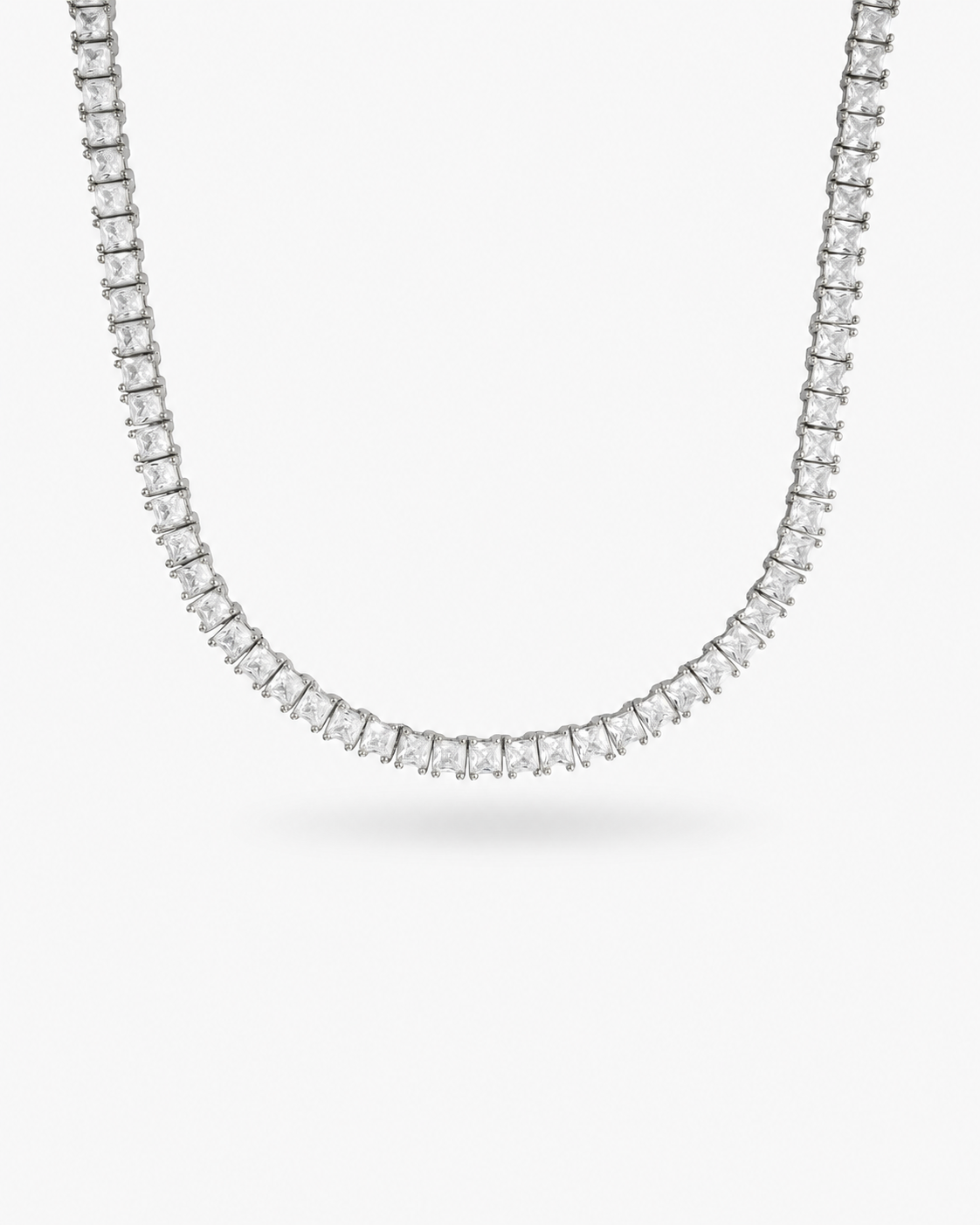 Silver square simulated diamond tennis necklace, alone product shot on a plain background.