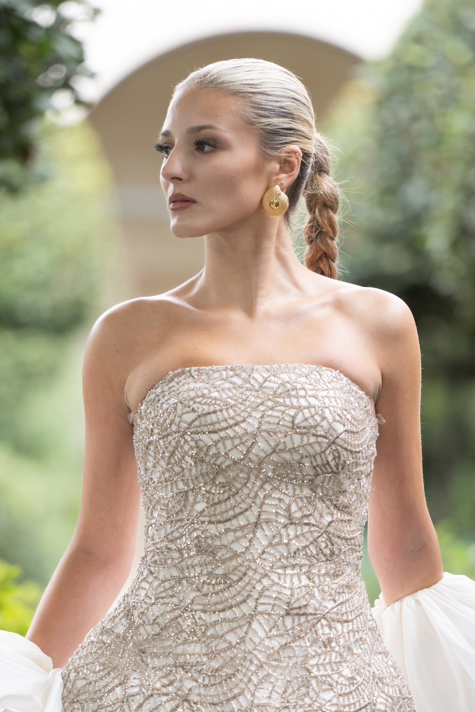 Model wearing Chiara Textured Dome Earrings