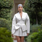 model wearing Clarice Maxi Abstract Oval Earrings