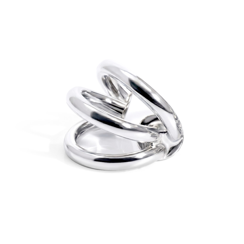 Triple strand ear cuff available in gold plated and rhodium plated finishes with sculptural layered design