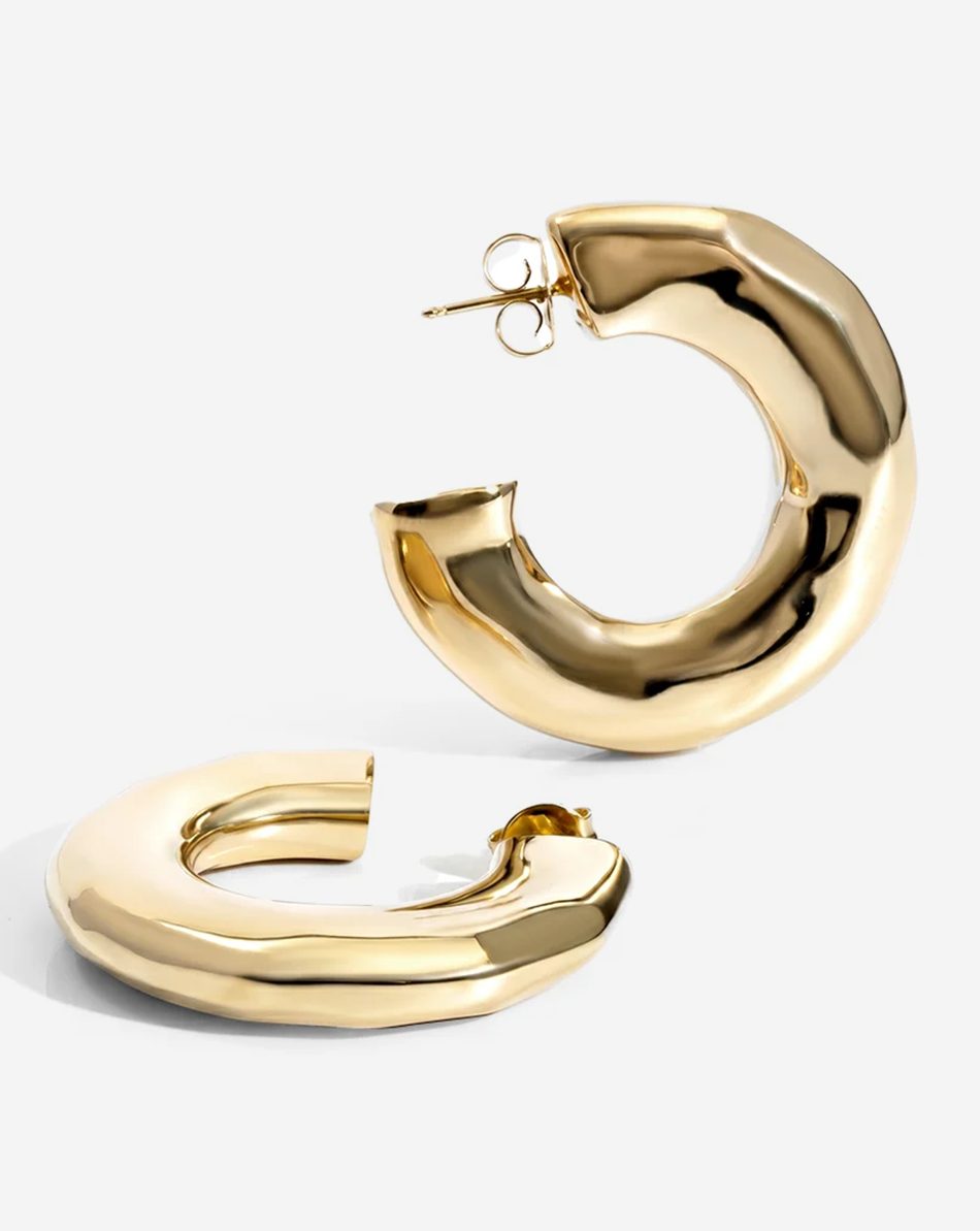 Emma Hammered Open Hoop Earrings Gold — sculptural 18K gold-plated statement earrings, hypoallergenic demi-fine jewelry