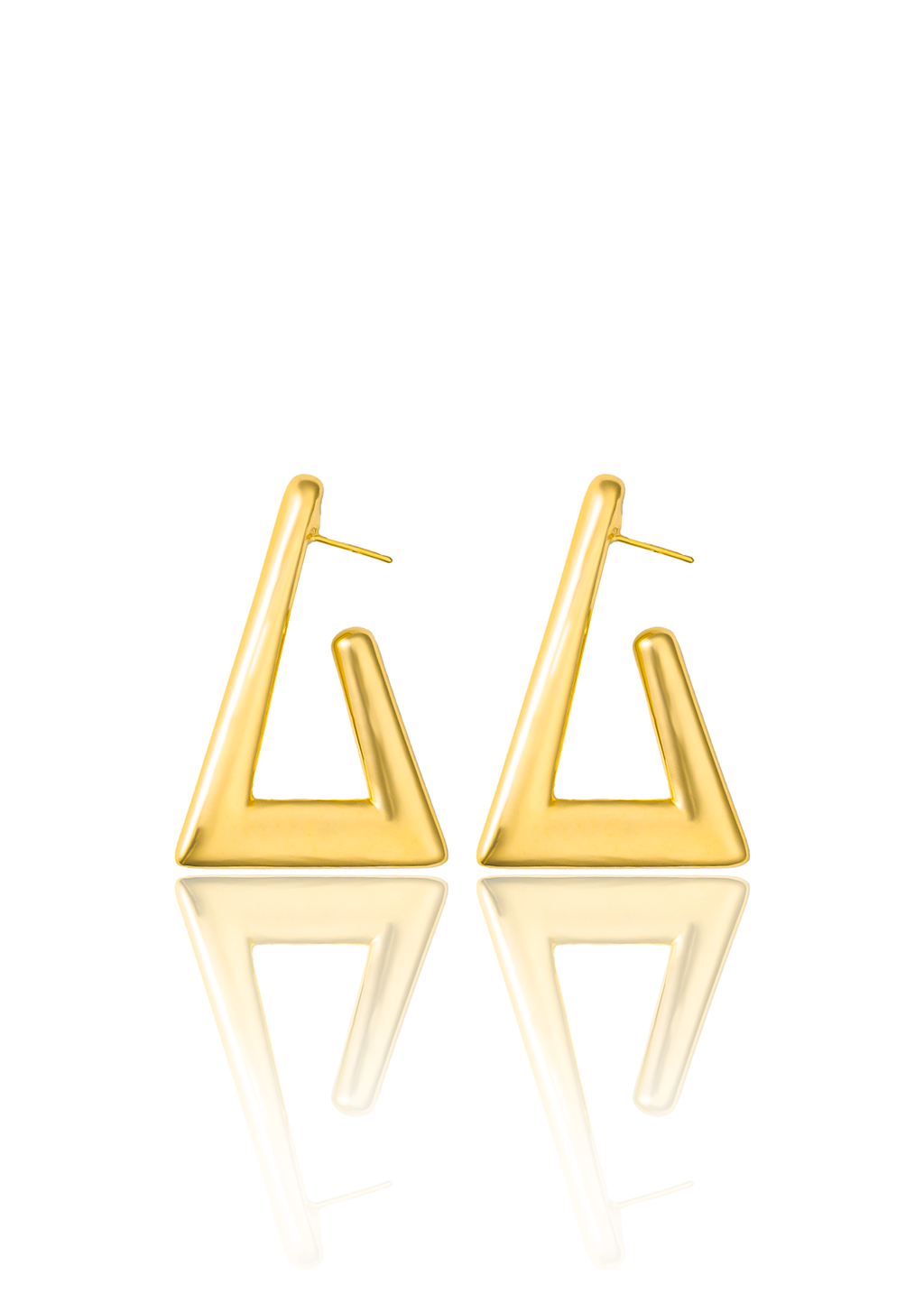 Geometric gold plated triangular earrings with open-frame design and high-polish finish, 34mm by 50mm size