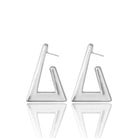 Geometric rhodium plated triangular earrings with open-frame design and high-polish finish, 34mm by 50mm size