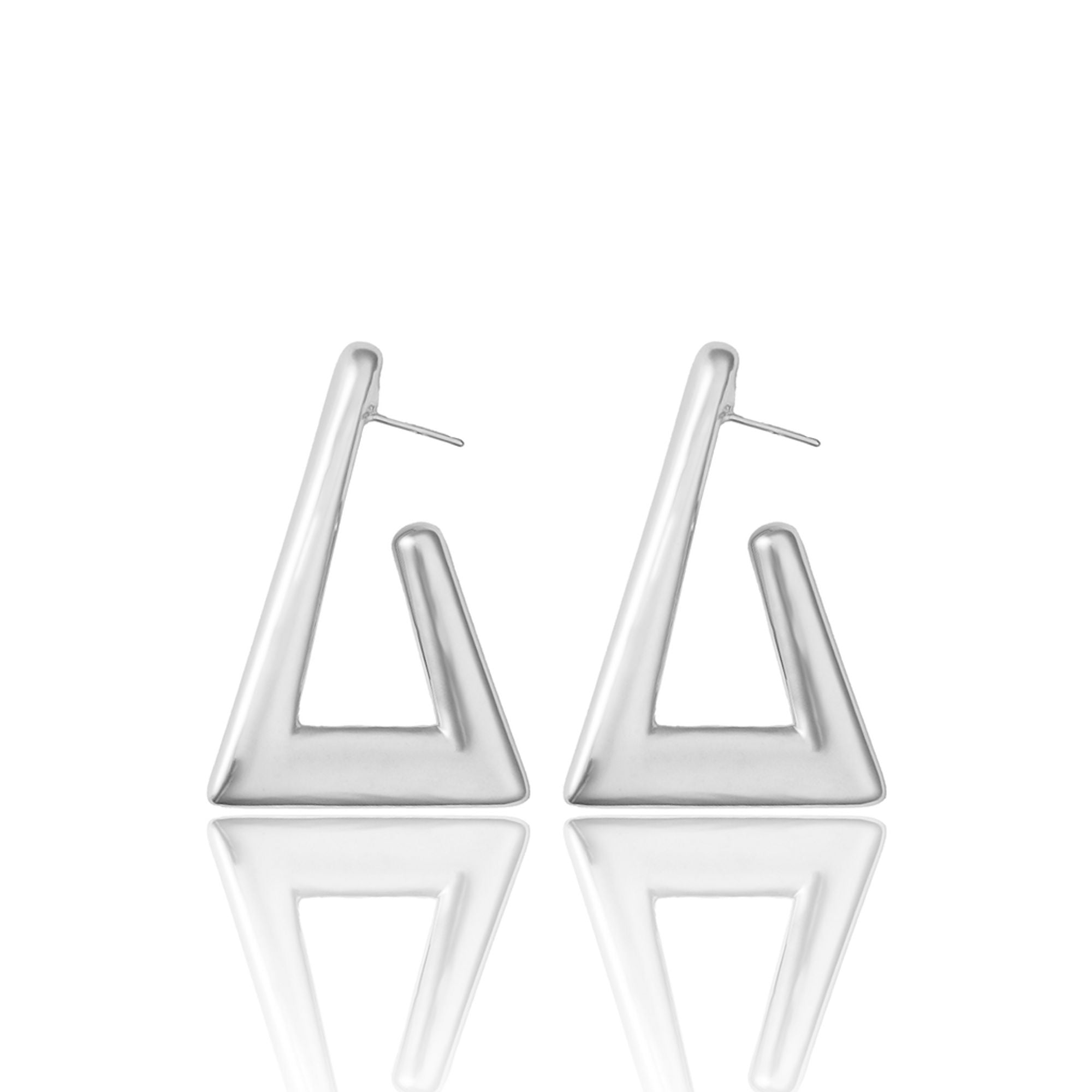Geometric rhodium plated triangular earrings with open-frame design and high-polish finish, 34mm by 50mm size