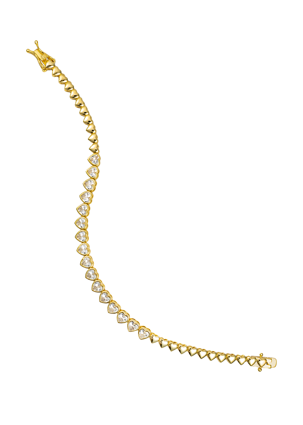 Gold plated heart tennis bracelet with cubic zirconia stones in continuous heart link design, 5mm thickness, 6.5 inch length