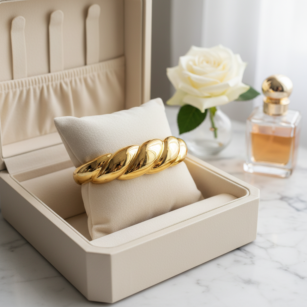 Gold plated medium wide bracelet with smooth polished surface and structured design, 20mm