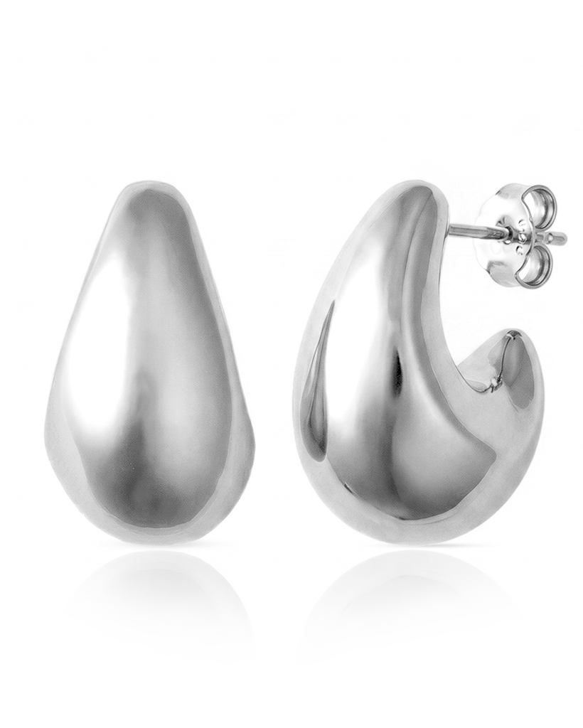 Small sculptural rhodium plated earrings with rounded molten-inspired design and polished high shine finish, 24mm diameter