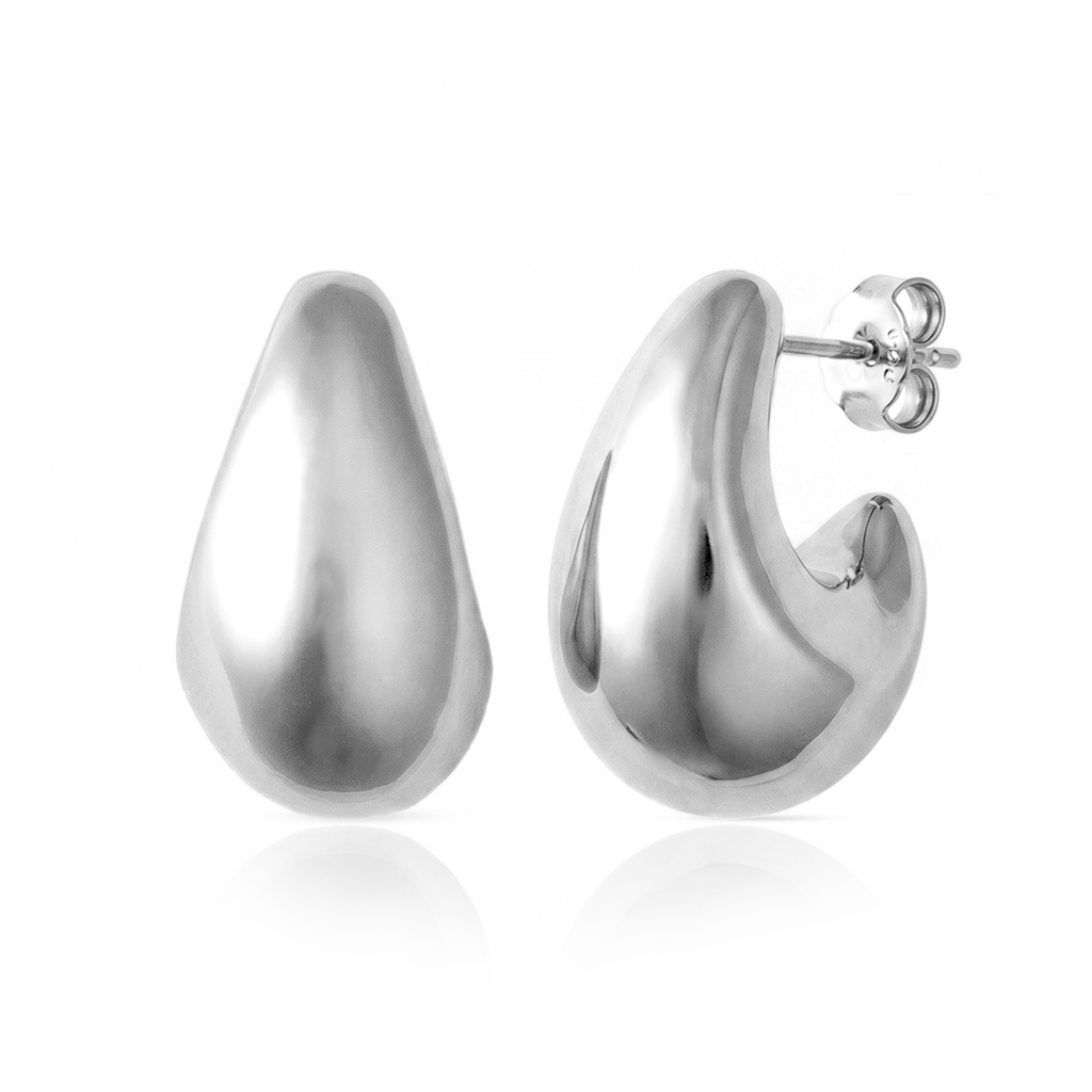 Small sculptural rhodium plated earrings with rounded molten-inspired design and polished high shine finish, 24mm diameter