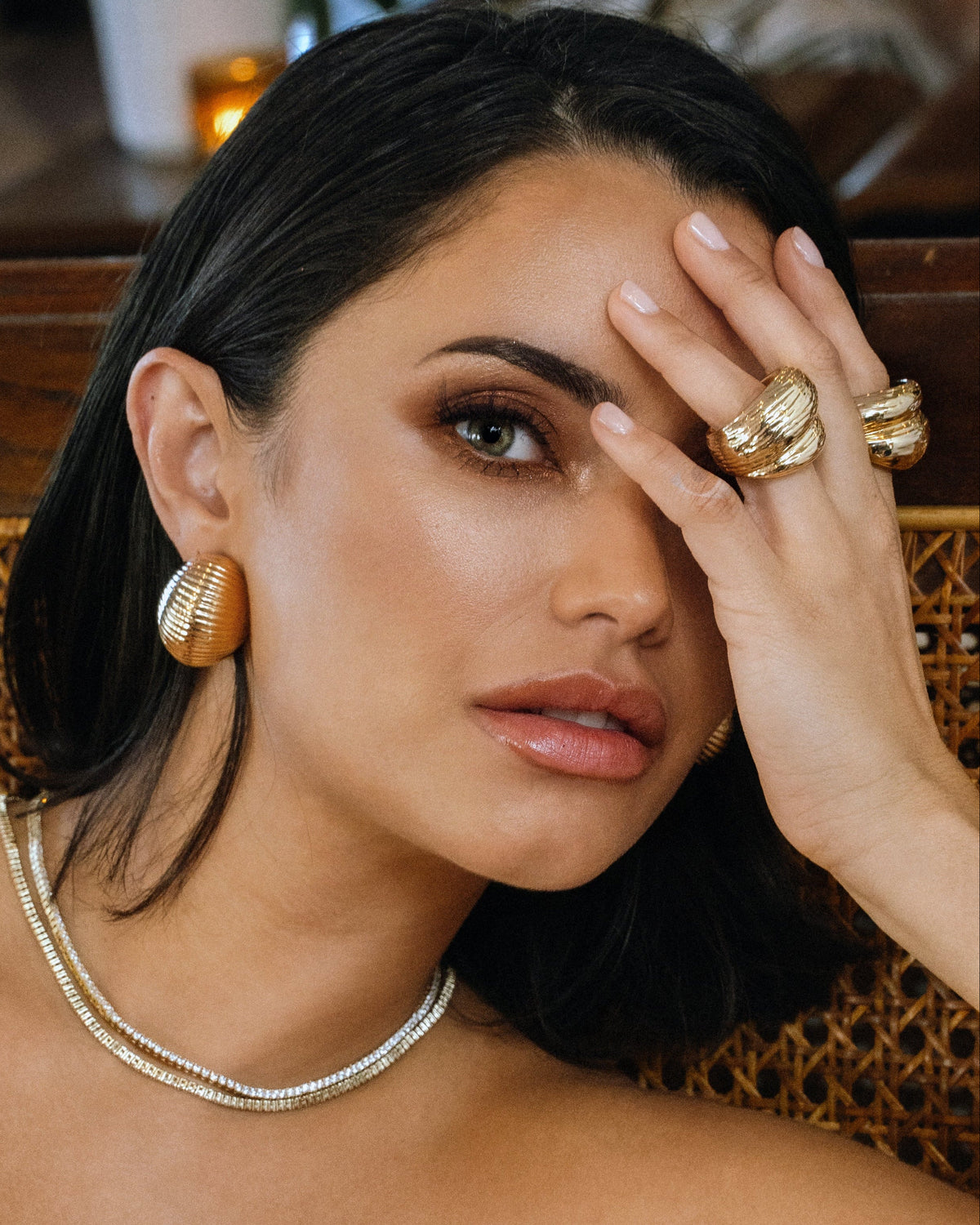 Model wearing Cynthia 2MM Tennis Necklace — 18K gold-plated necklace by Denise Pacini
