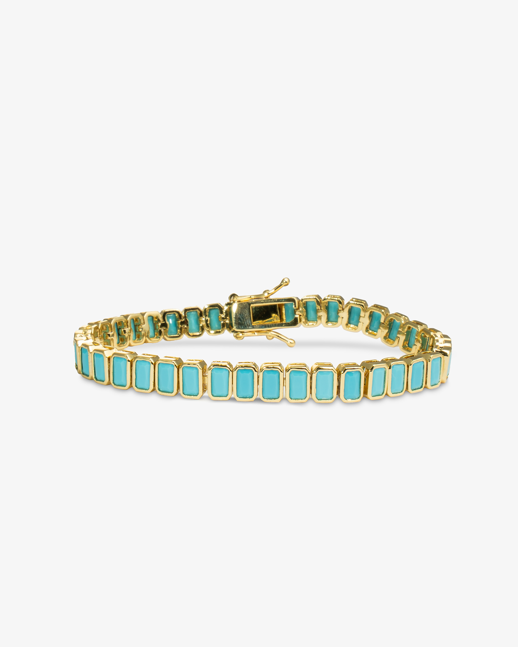 Teal baguette-cut stone tennis bracelet, alone product shot on a plain background.