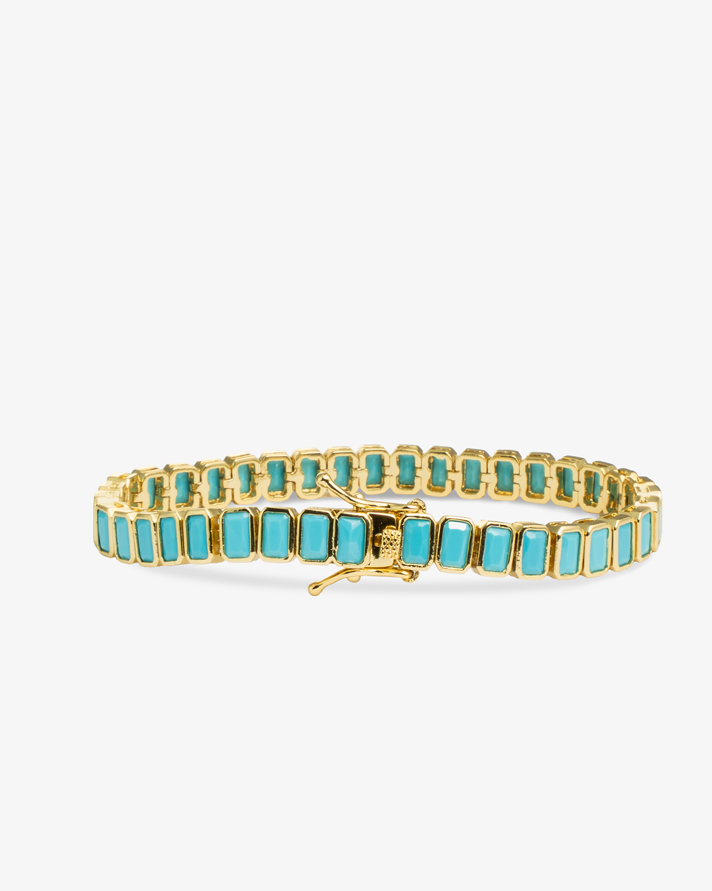 Teal baguette-cut stone tennis bracelet, close-up alone shot from a different angle.