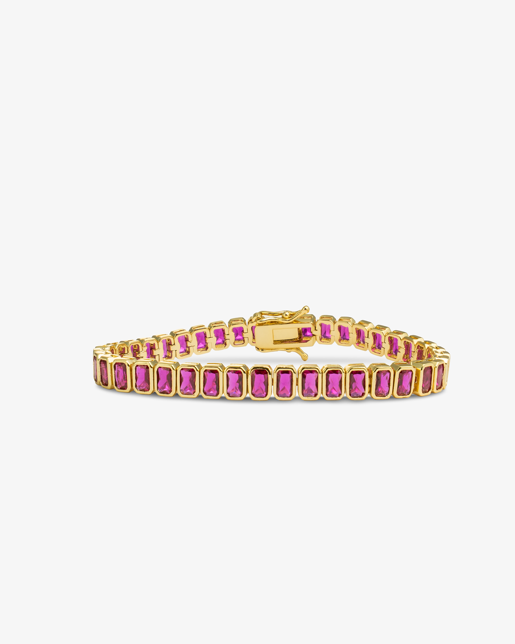 Pink baguette-cut stone tennis bracelet, alone product shot on a plain background.