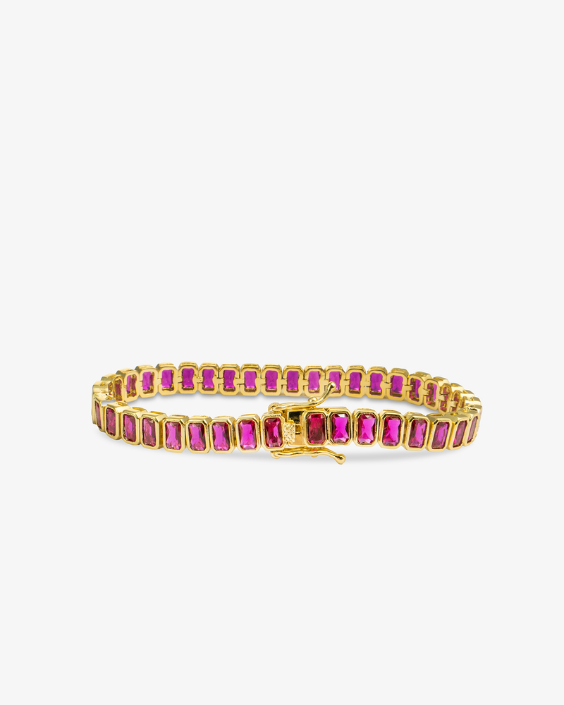 Pink baguette-cut stone tennis bracelet, close-up alone shot from a different angle.