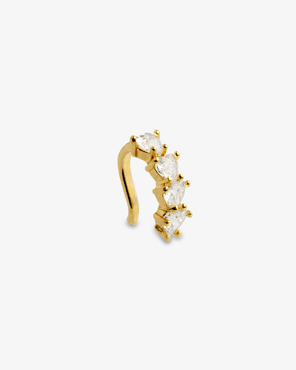 Gold sculptural pave climber ear cuff with clear simulated diamond stones, alone product shot on a plain background.