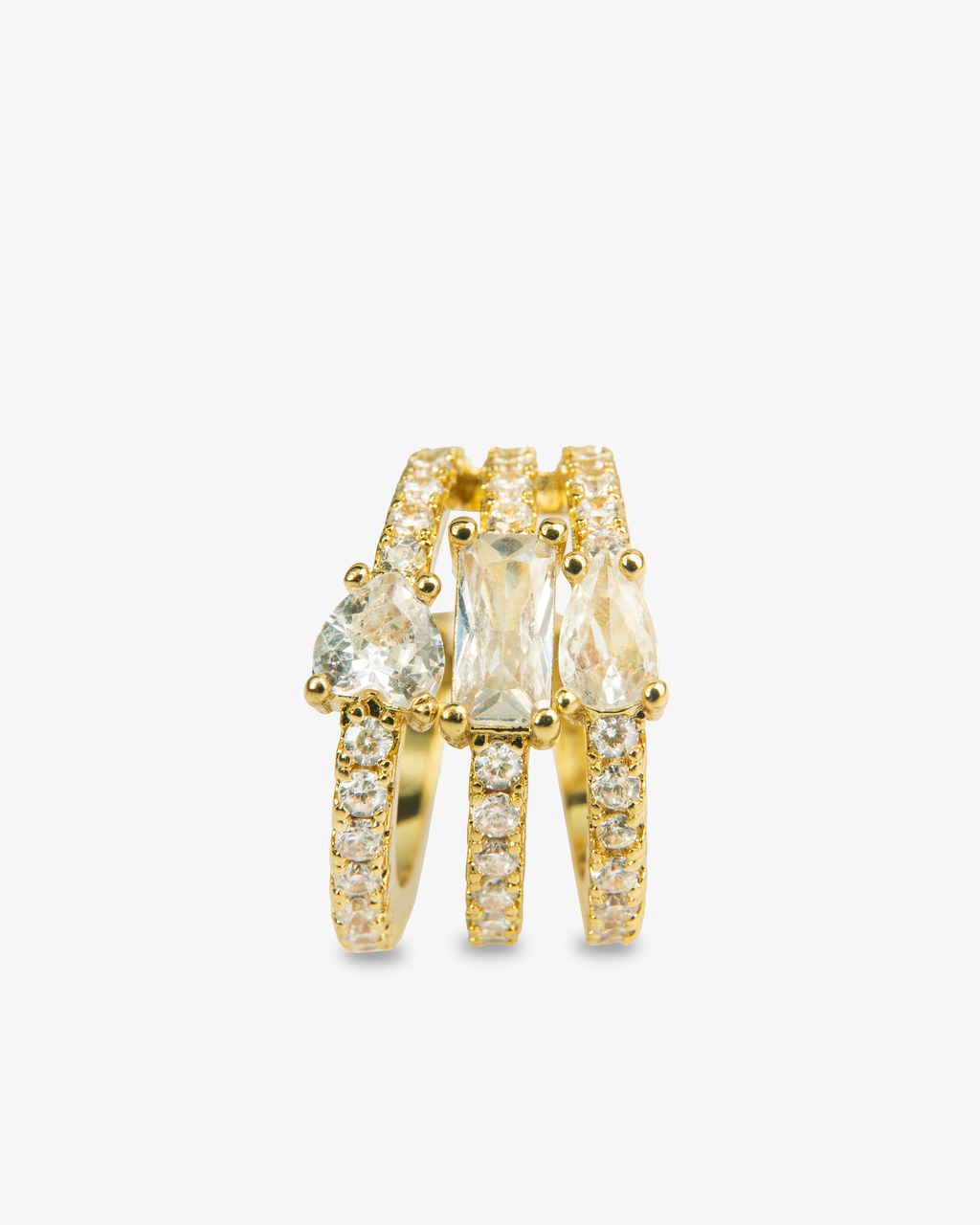 Gold chunky geometric ear cuff with vertical baguette-cut simulated diamond stones, alone close-up product shot.