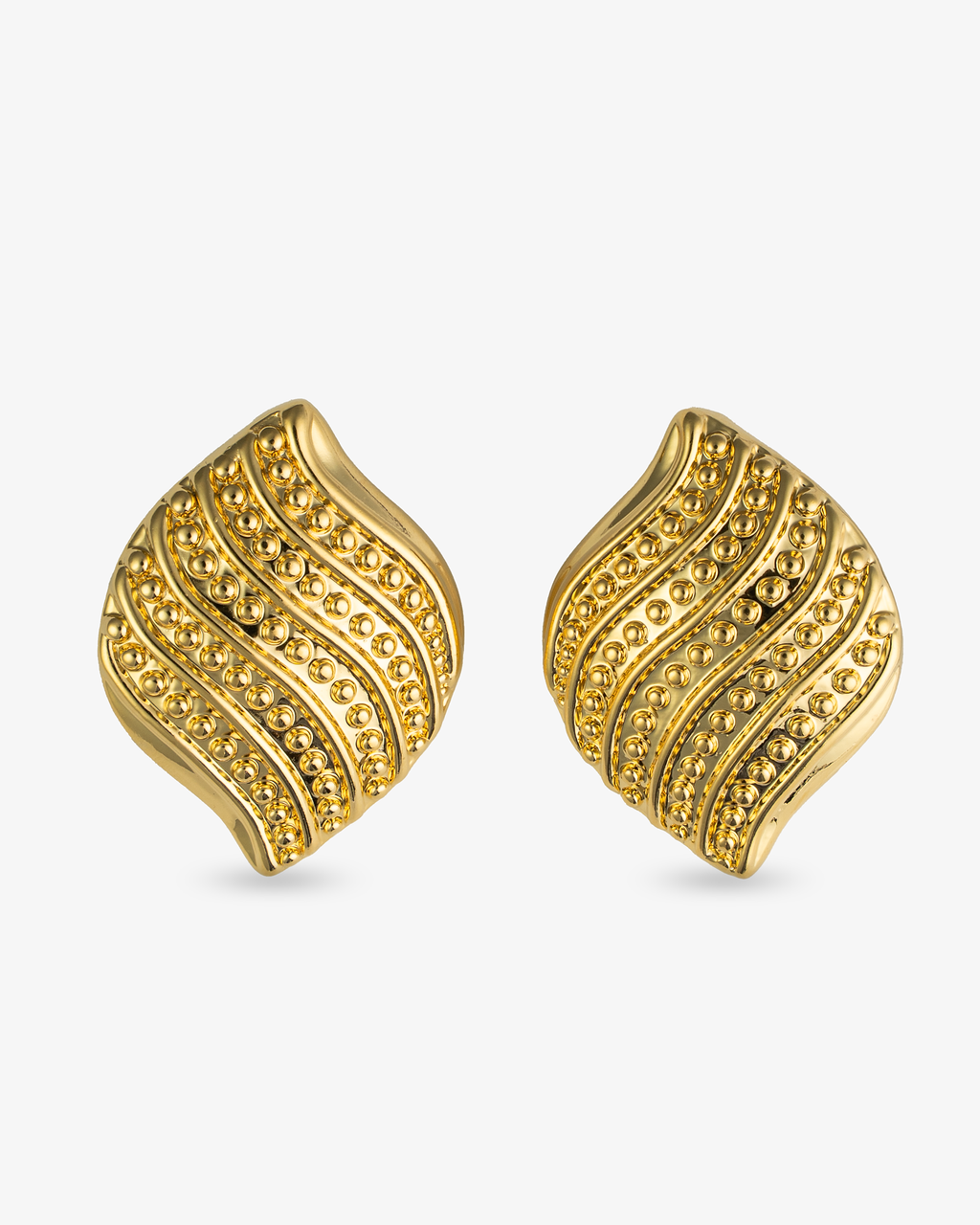 Textured wave gold statement earrings, pair shown front view on white background